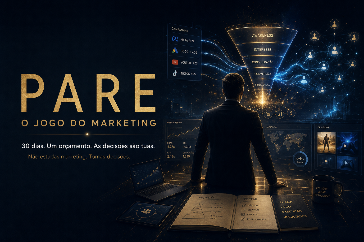 Capa do PARE — O Jogo do Marketing: funil de campanhas e painéis de desempenho