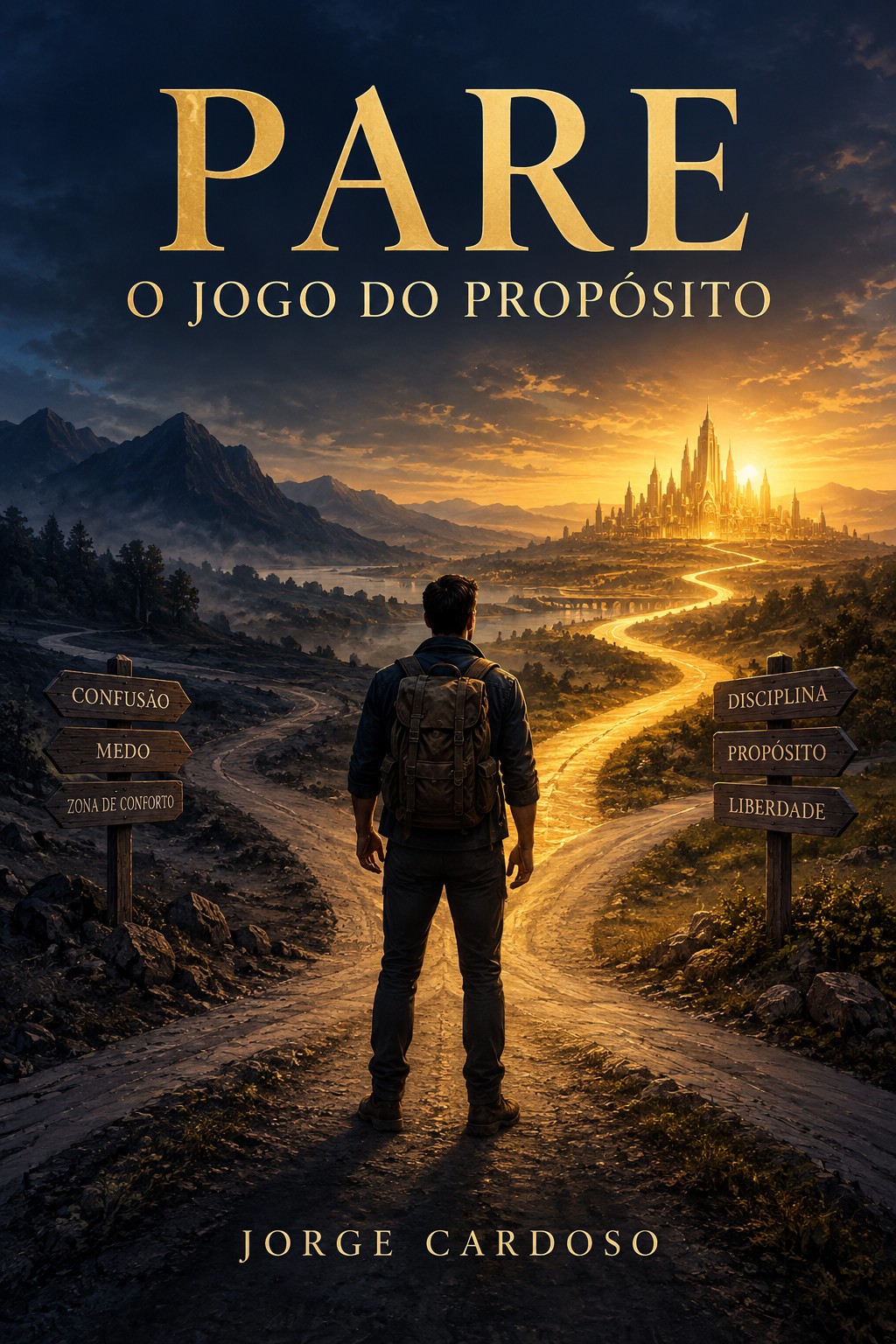 Capa do livro PARE — O Jogo do Propósito: uma pessoa perante vários caminhos, com apenas um percurso iluminado a avançar para um objetivo
